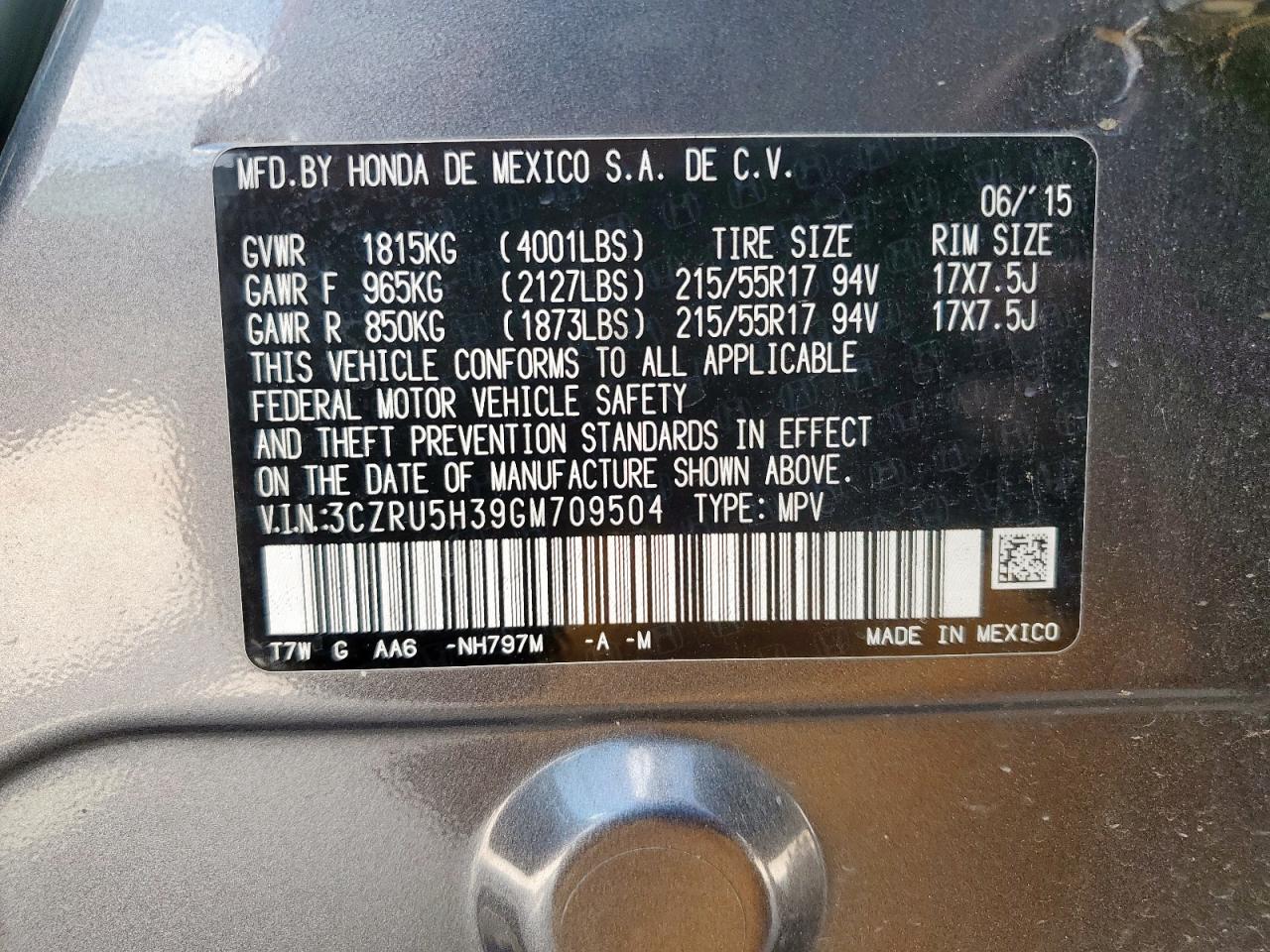 2016 Honda Hr-V Lx VIN: 3CZRU5H39GM709504 Lot: 64123285