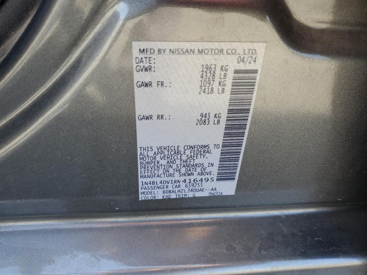 2024 Nissan Altima Sv VIN: 1N4BL4DV1RN416495 Lot: 64956055
