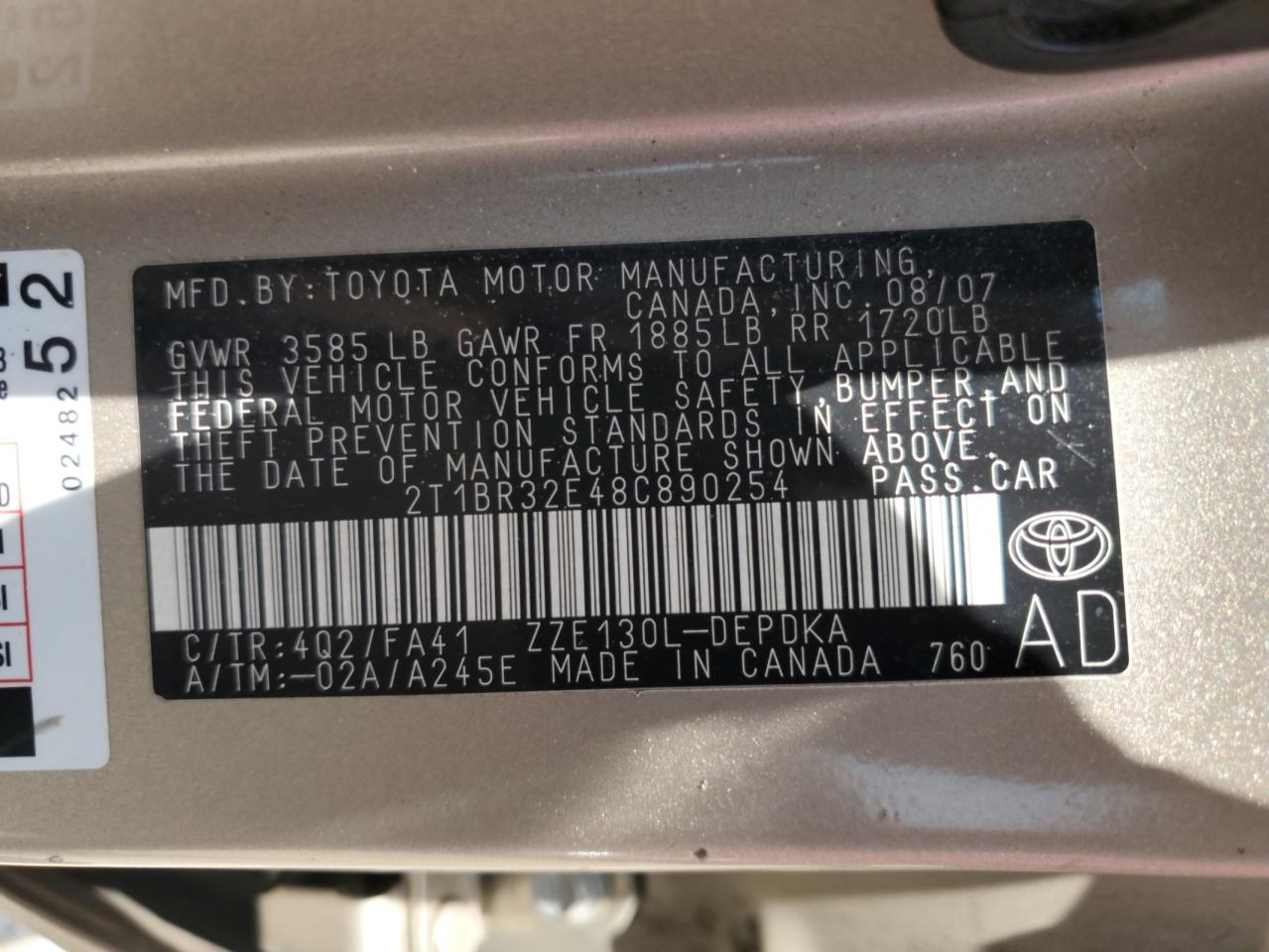 2008 Toyota Corolla Ce VIN: 2T1BR32E48C890254 Lot: 64994105