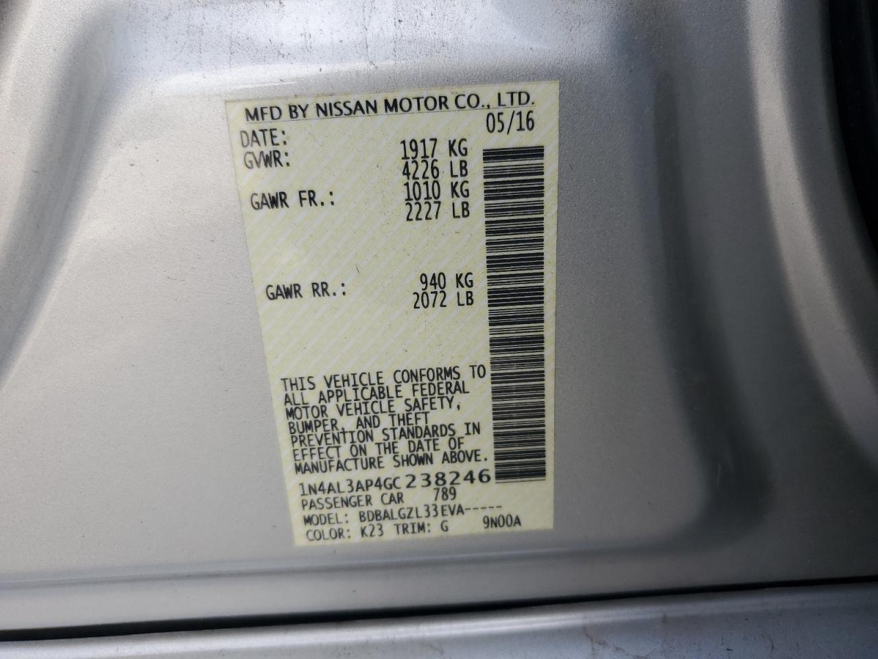2016 Nissan Altima 2.5 VIN: 1N4AL3AP4GC238246 Lot: 65004305