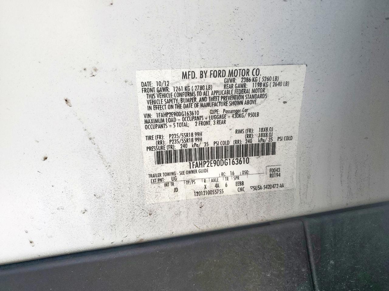 2013 Ford Taurus Sel VIN: 1FAHP2E90DG163610 Lot: 63760995