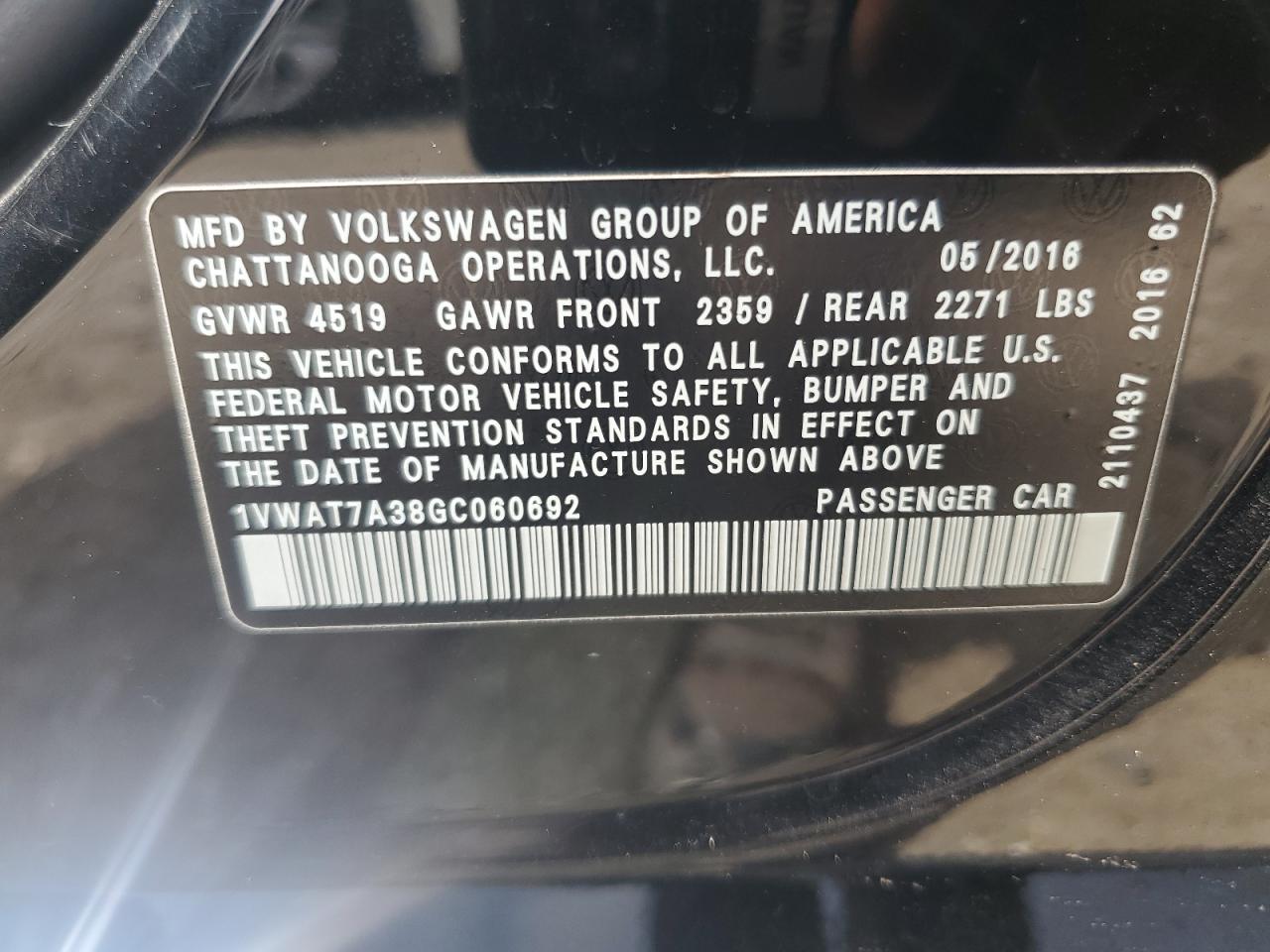 2016 Volkswagen Passat S VIN: 1VWAT7A38GC060692 Lot: 65219535