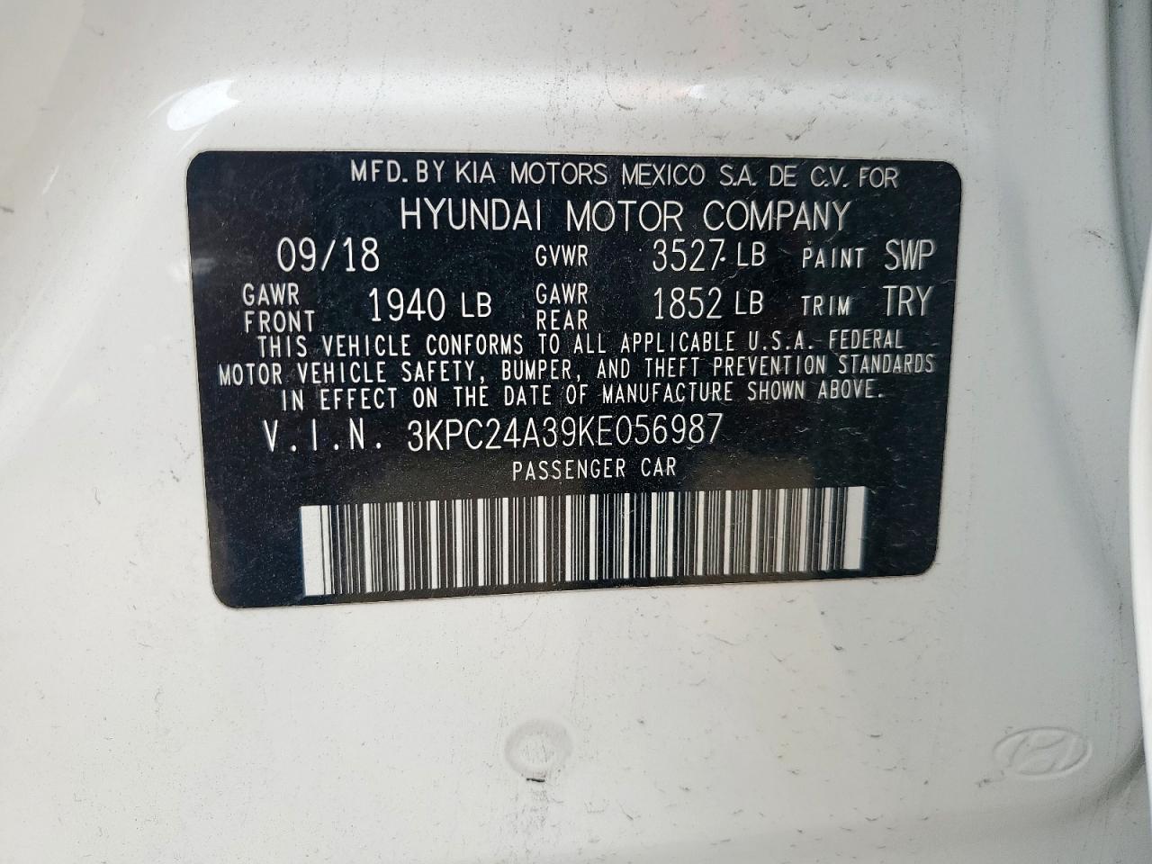 2019 Hyundai Accent Se VIN: 3KPC24A39KE056987 Lot: 65052185