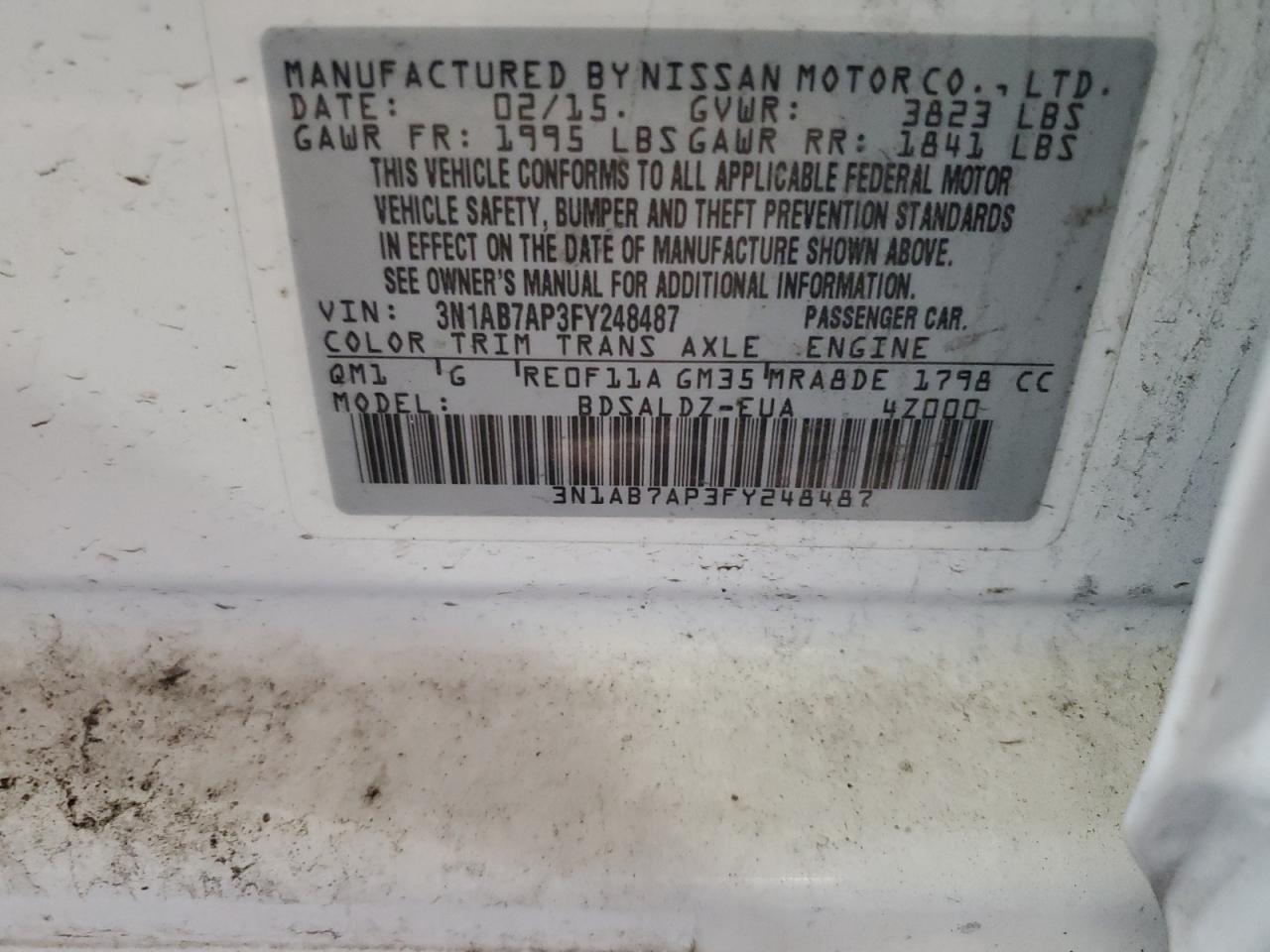2015 Nissan Sentra S VIN: 3N1AB7AP3FY248487 Lot: 64800625