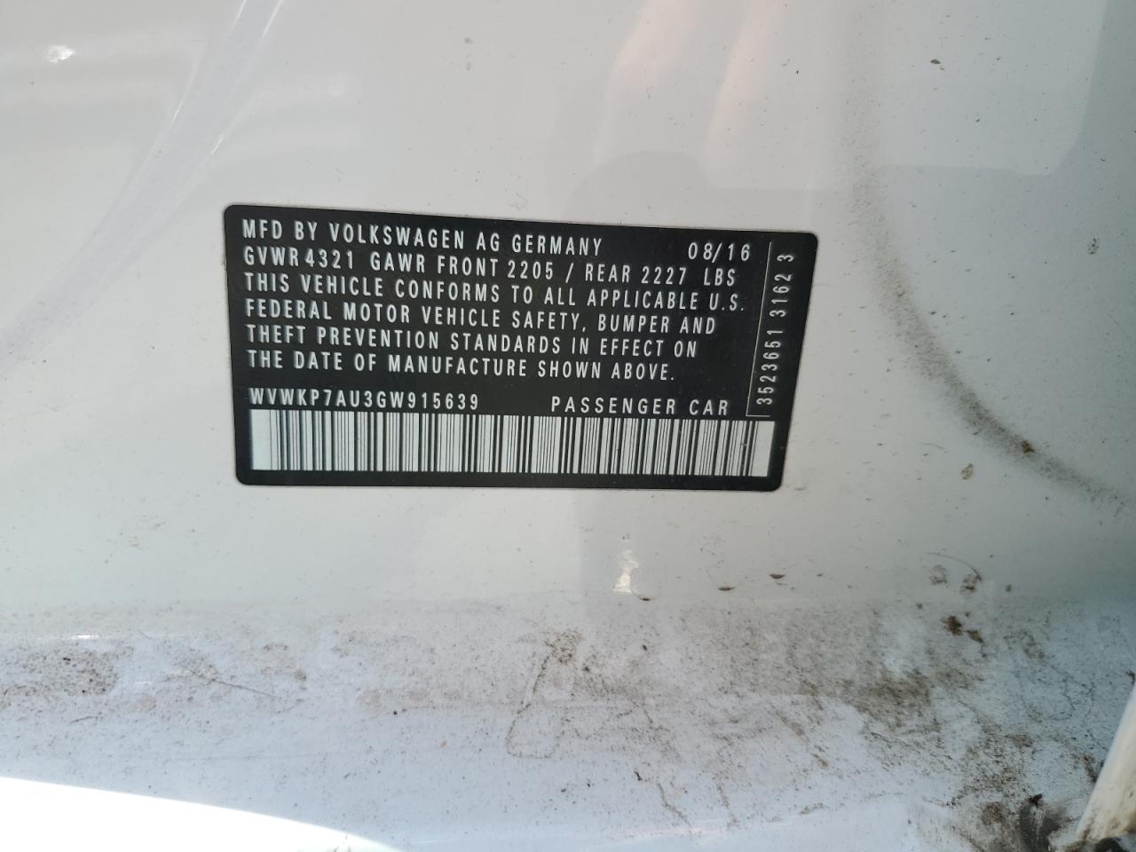 2016 Volkswagen E-Golf Se VIN: WVWKP7AU3GW915639 Lot: 63876195