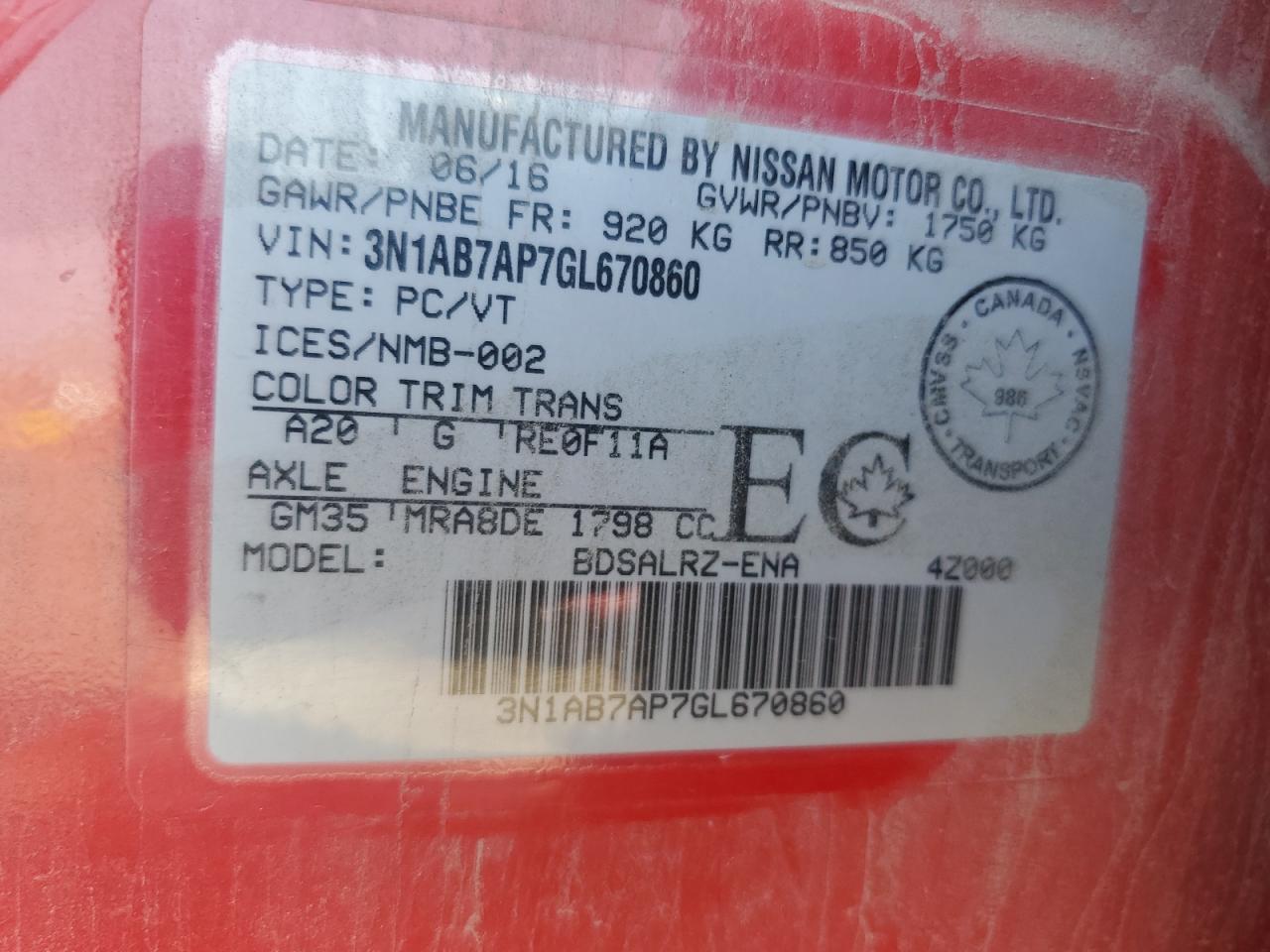 2016 Nissan Sentra S VIN: 3N1AB7AP7GL670860 Lot: 64958605