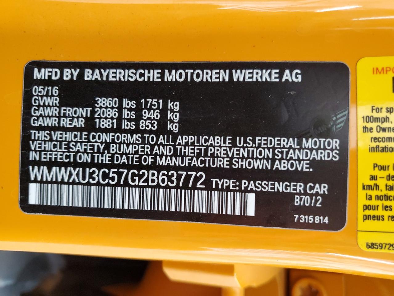 WMWXU3C57G2B63772 2016 Mini Cooper S