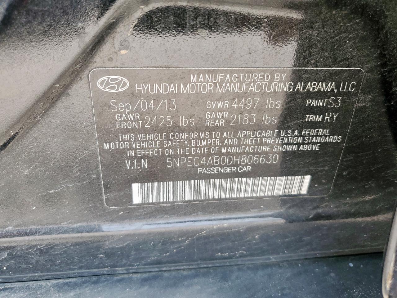 2013 Hyundai Sonata Se VIN: 5NPEC4AB0DH806630 Lot: 63230295