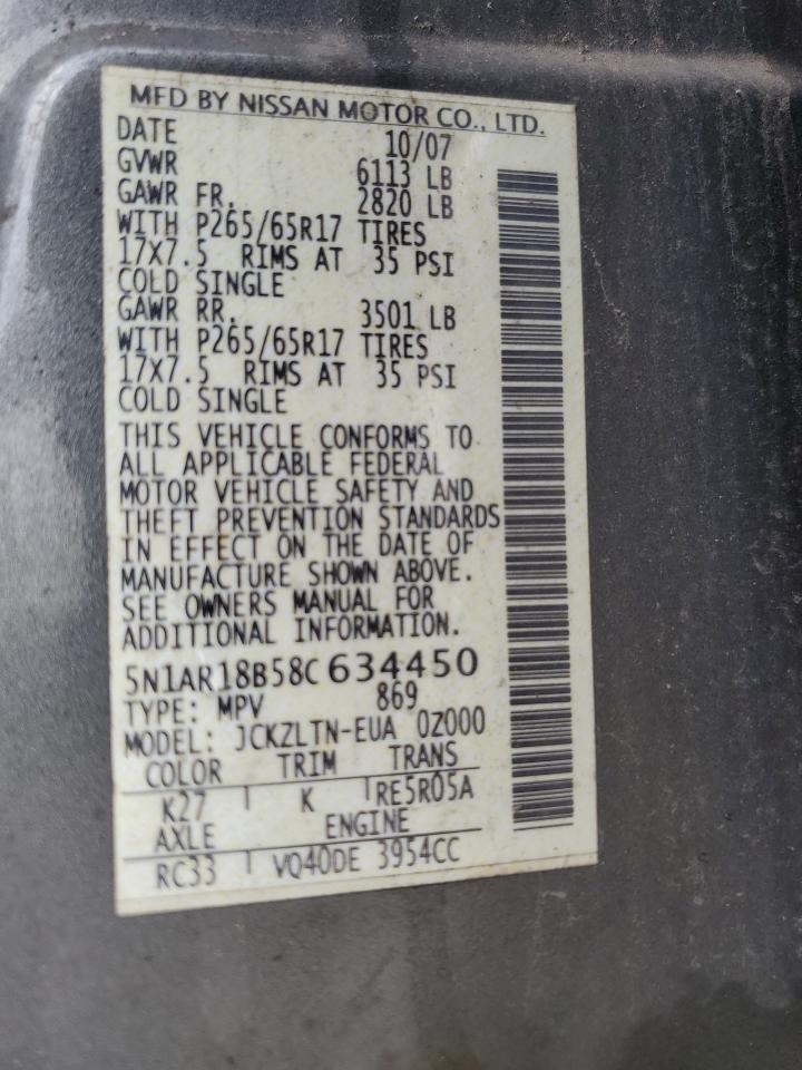 2008 Nissan Pathfinder S VIN: 5N1AR18B58C634450 Lot: 64618495