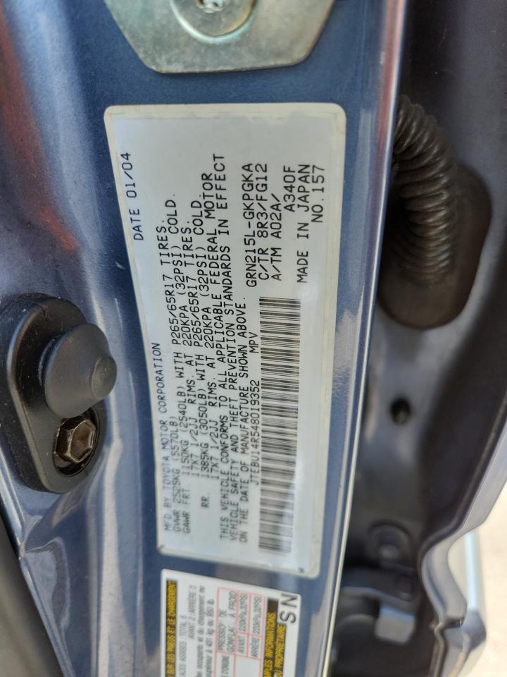 2004 Toyota 4Runner Sr5 VIN: JTEBU14R548019352 Lot: 80120065