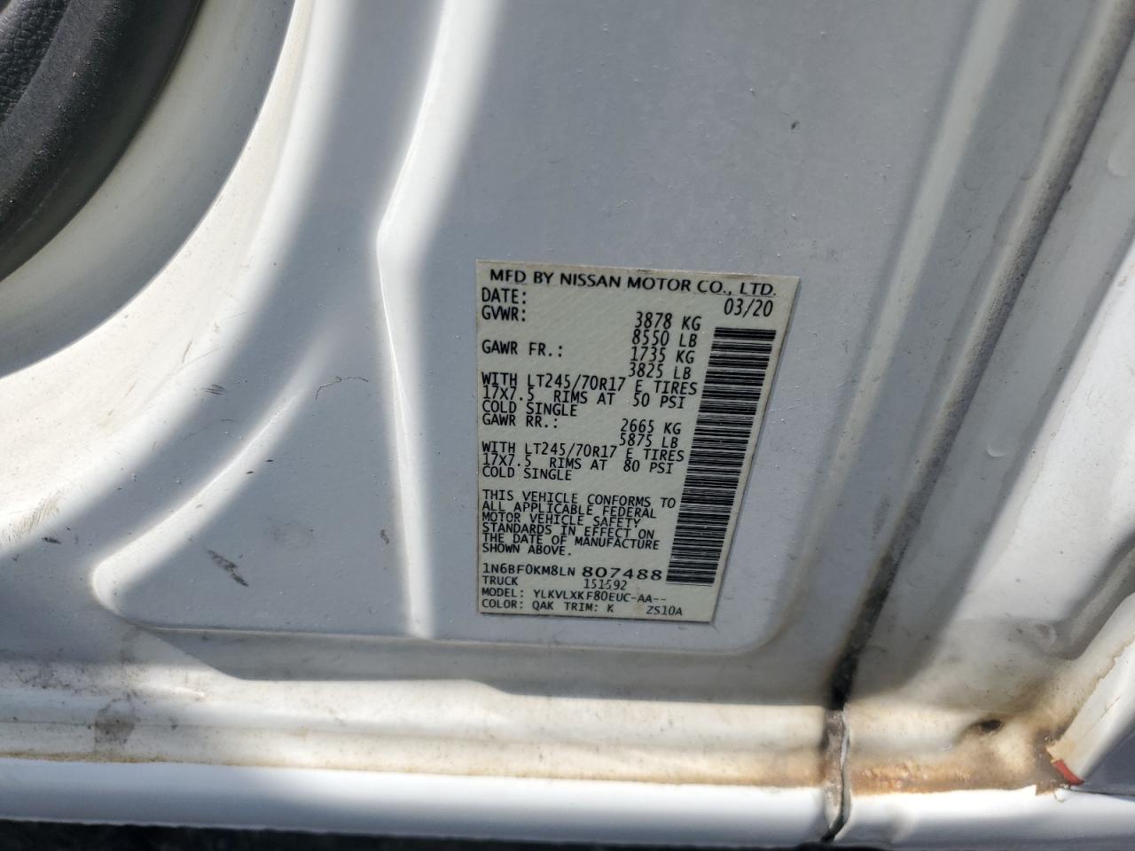 1n6bf0km8ln807488 1N6BF0KM8LN807488 2020 Nissan Nv 1500 S