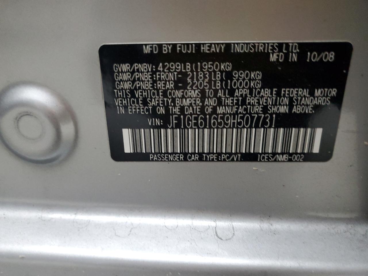 2009 Subaru Impreza 2.5I VIN: JF1GE61659H507731 Lot: 65723175