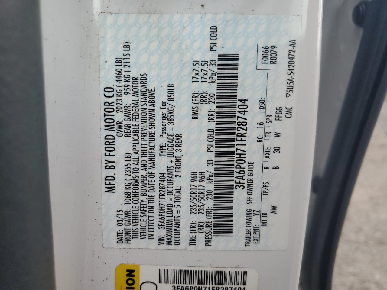 2015 Ford Fusion Se VIN: 3FA6P0H71FR287404 Lot: 64770845