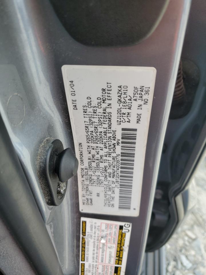 2004 Lexus Gx 470 VIN: JTJBT20X740039776 Lot: 62746925