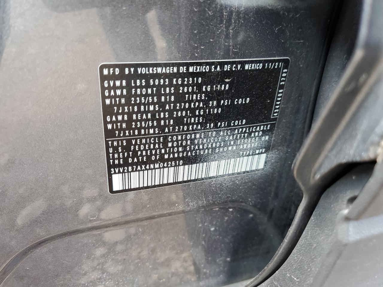 2022 Volkswagen Tiguan Se VIN: 3VV2B7AX4NM042510 Lot: 63777735