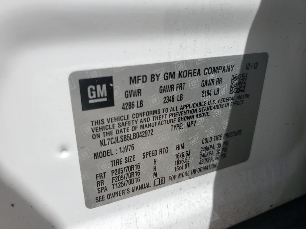 2020 Chevrolet Trax 1Lt VIN: KL7CJLSB5LB042972 Lot: 66159815