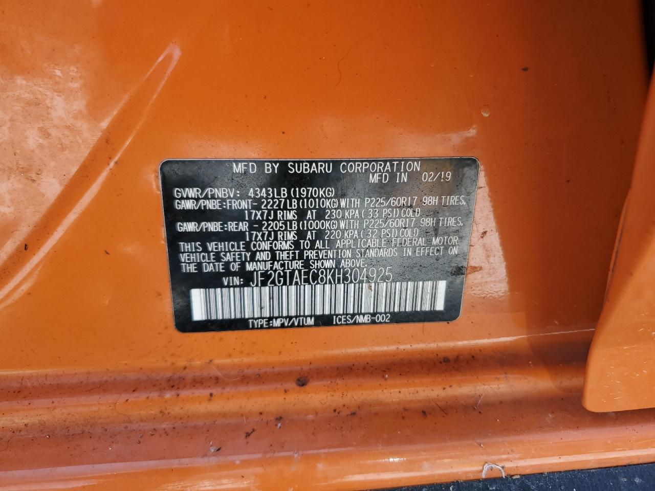 2019 Subaru Crosstrek Premium VIN: JF2GTAEC8KH304925 Lot: 65984675