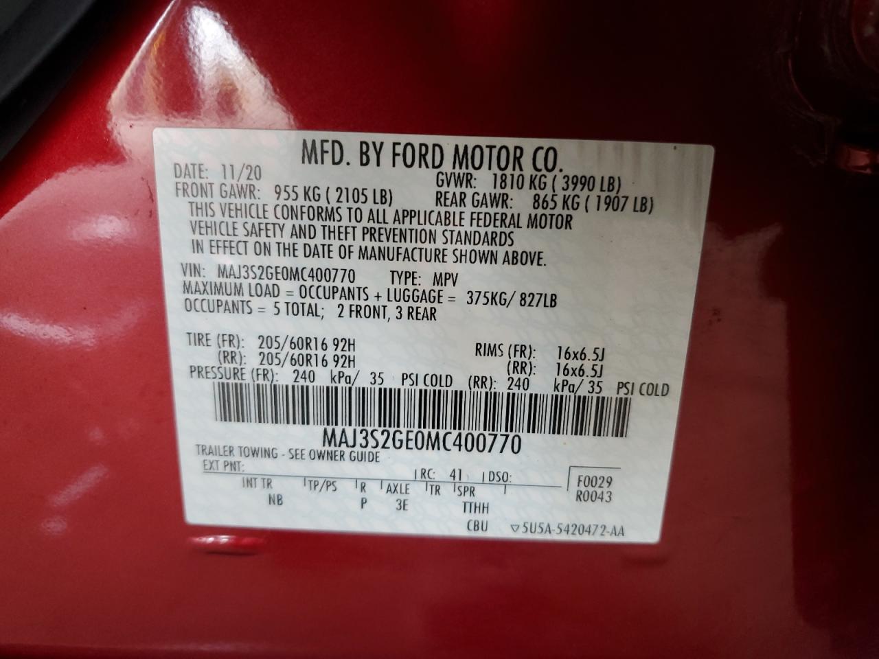 2021 Ford Ecosport Se VIN: MAJ3S2GE0MC400770 Lot: 64567375