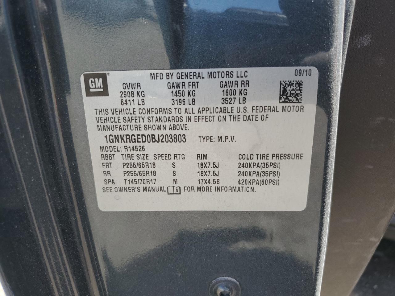 2011 Chevrolet Traverse Lt VIN: 1GNKRGED0BJ203803 Lot: 64202835