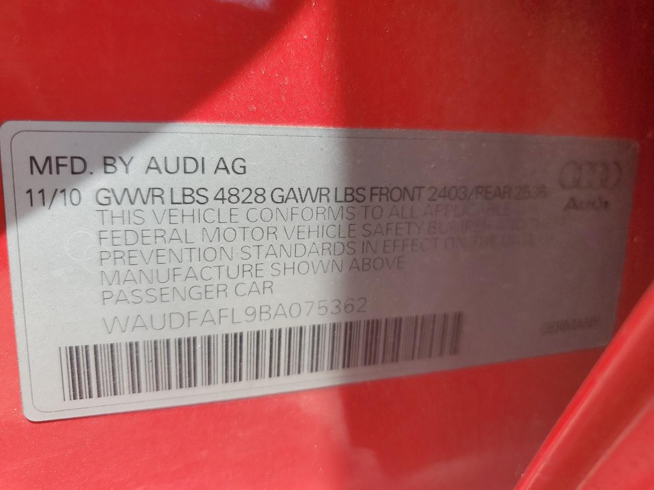 2011 Audi A4 Premium VIN: WAUDFAFL9BA075362 Lot: 60761755