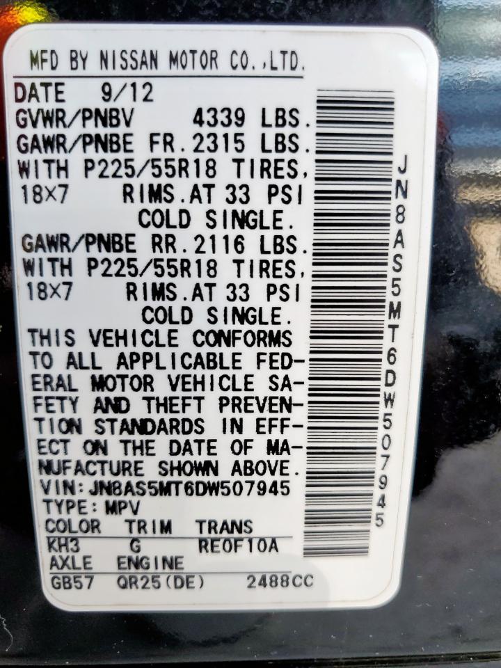 2013 Nissan Rogue S VIN: JN8AS5MT6DW507945 Lot: 65120615