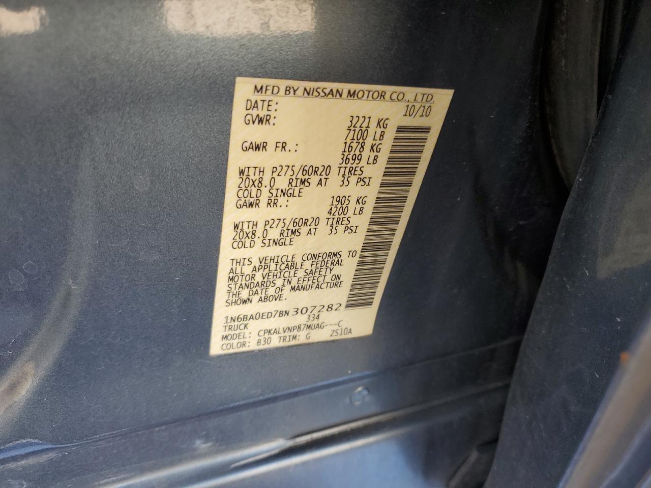 2011 Nissan Titan S VIN: 1N6BA0ED7BN307282 Lot: 65716905