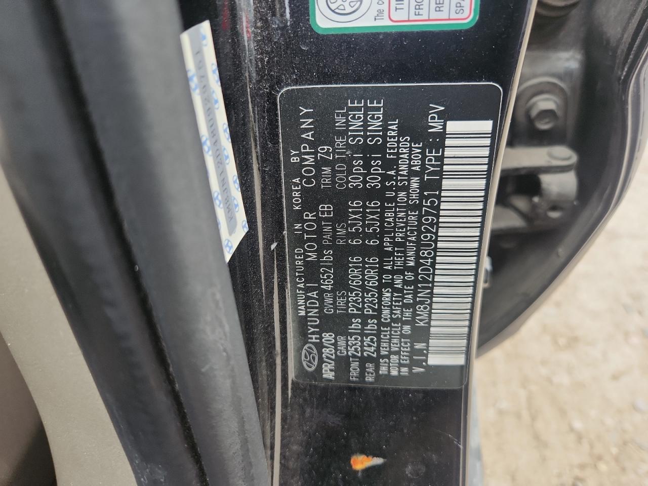 2008 Hyundai Tucson Se VIN: KM8JN12D48U929751 Lot: 64765855