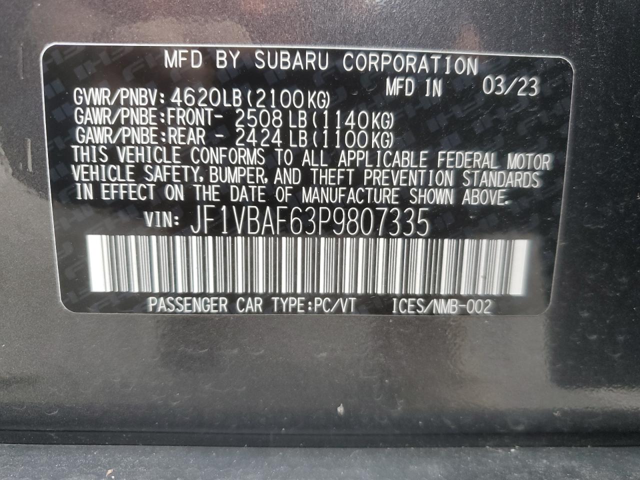 2023 Subaru Wrx Premium VIN: JF1VBAF63P9807335 Lot: 64719245