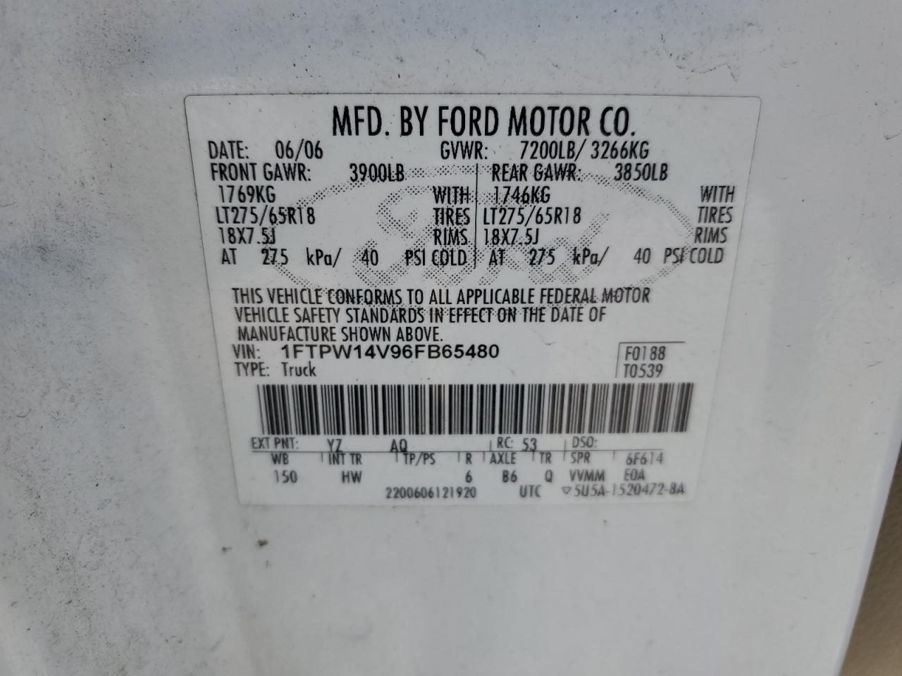 2006 Ford F150 Supercrew VIN: 1FTPW14V96FB65480 Lot: 63819035