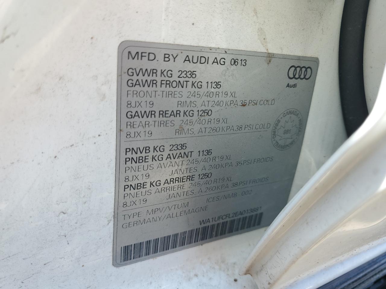 2014 Audi A4 Allroad Premium Plus VIN: WA1UFCFL2EA013881 Lot: 65890245
