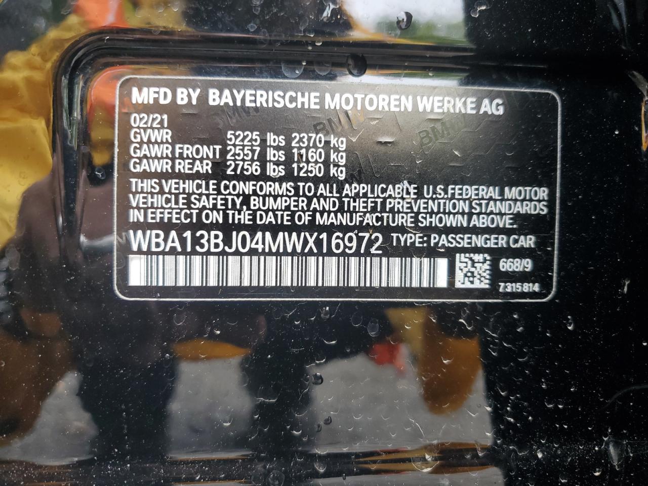 2021 BMW 530 Xi VIN: WBA13BJ04MWX16972 Lot: 62874395