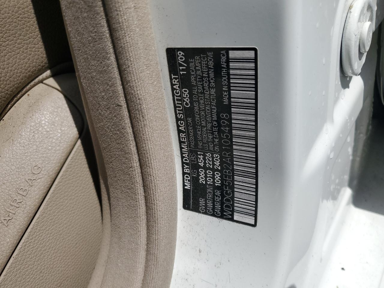 2010 Mercedes-Benz C 300 VIN: WDDGF5EB2AR105498 Lot: 65011595