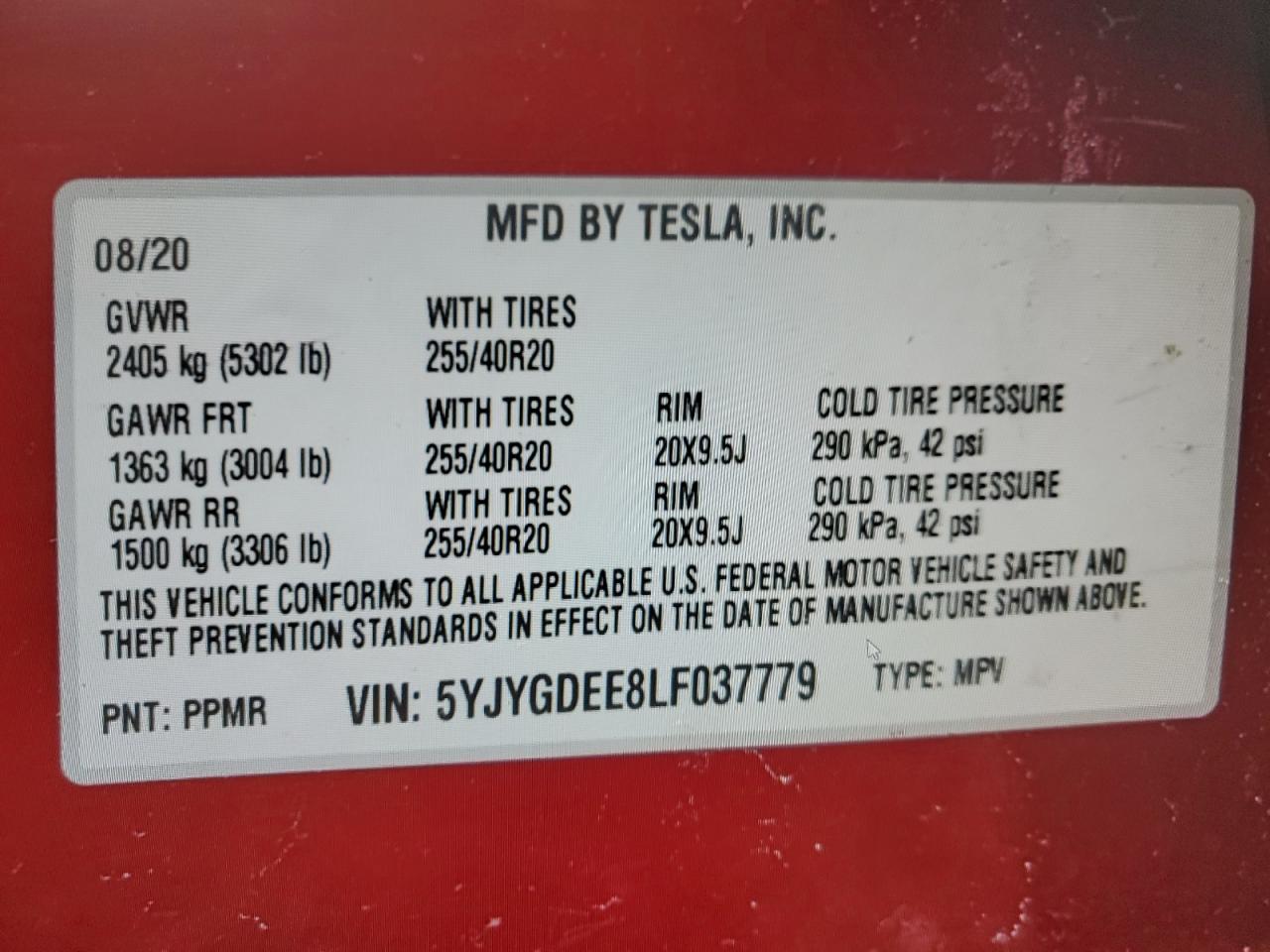 2020 Tesla Model Y VIN: 5YJYGDEE8LF037779 Lot: 64228565