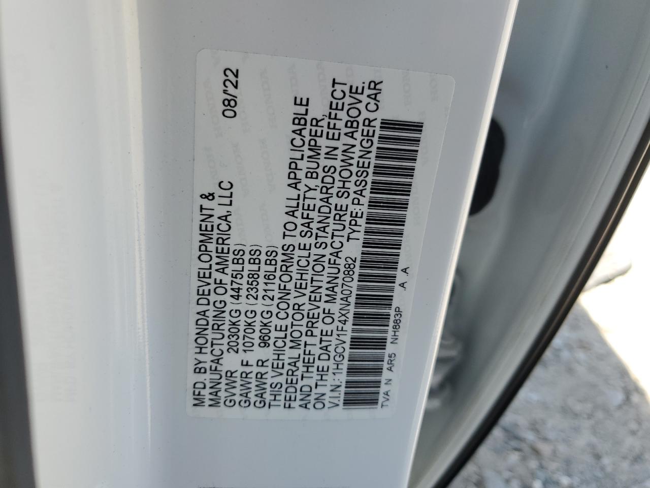 2022 Honda Accord Sport Se VIN: 1HGCV1F4XNA070882 Lot: 64112065