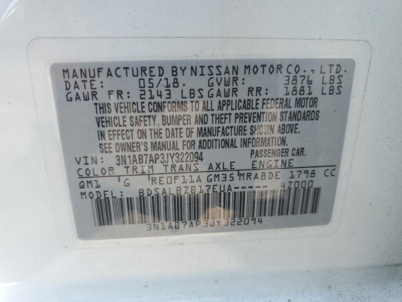 2018 Nissan Sentra S VIN: 3N1AB7AP3JY322094 Lot: 65730815