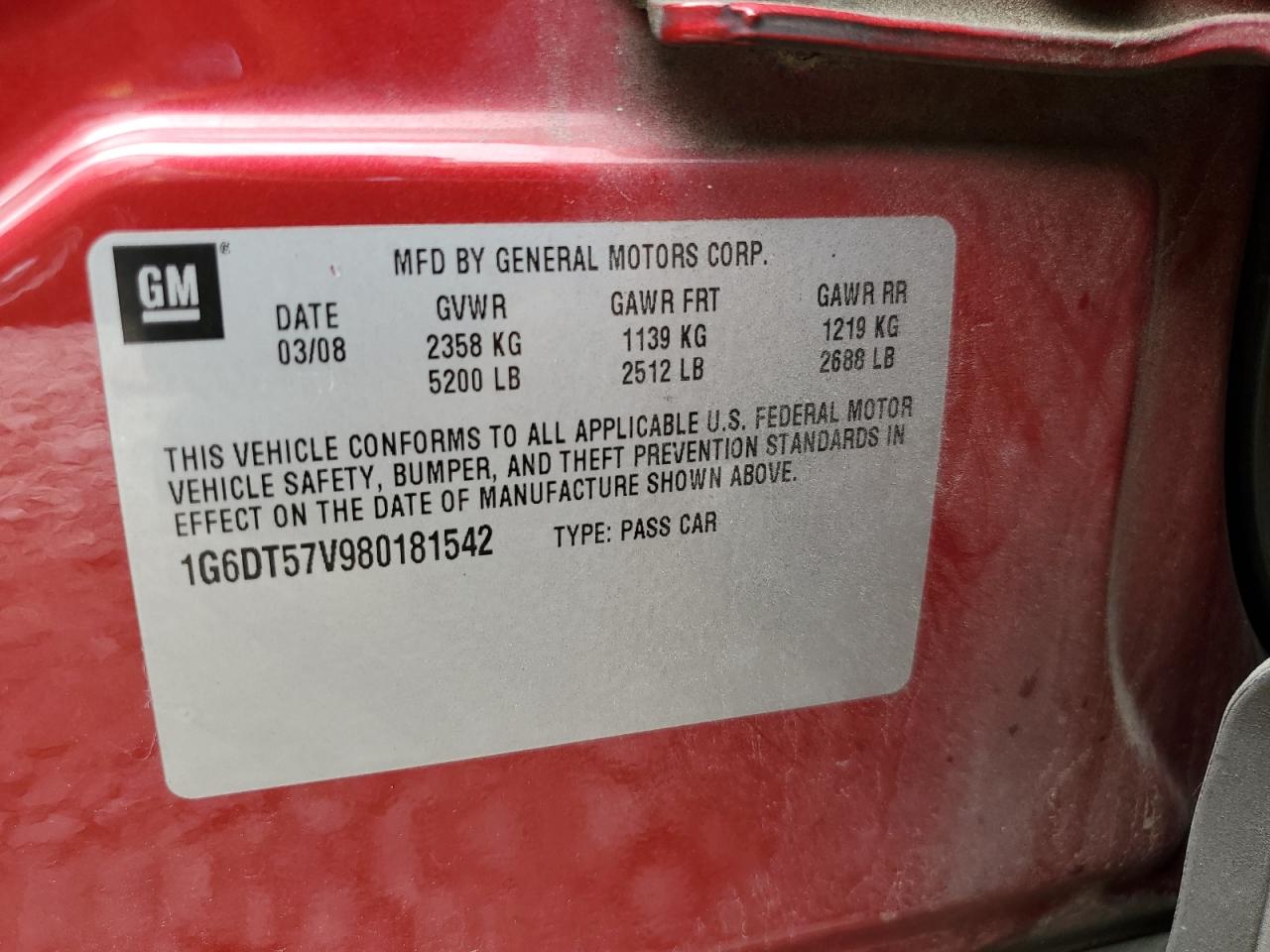 2008 Cadillac Cts Hi Feature V6 VIN: 1G6DT57V980181542 Lot: 65606565