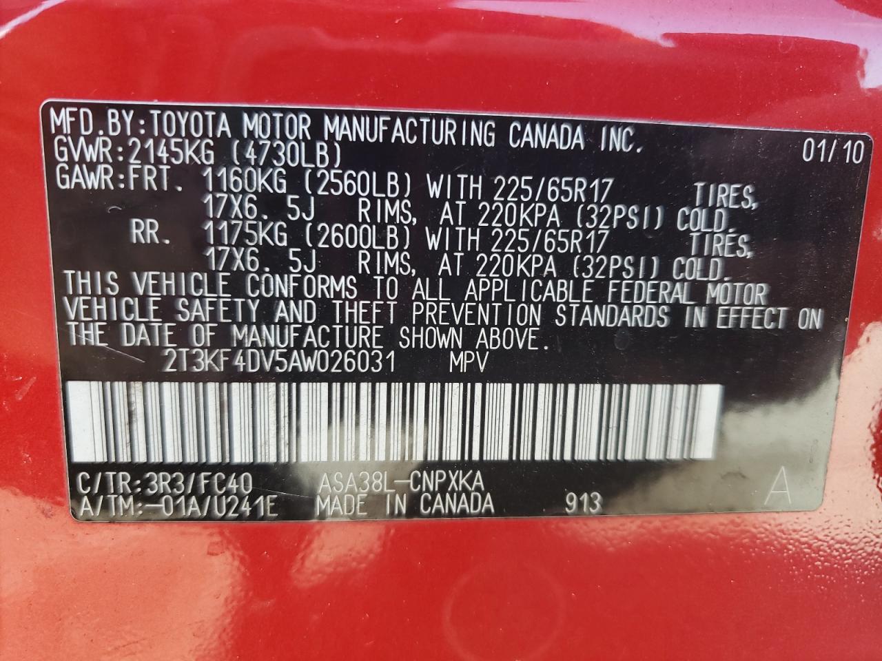 2010 Toyota Rav4 VIN: 2T3KF4DV5AW026031 Lot: 64874455