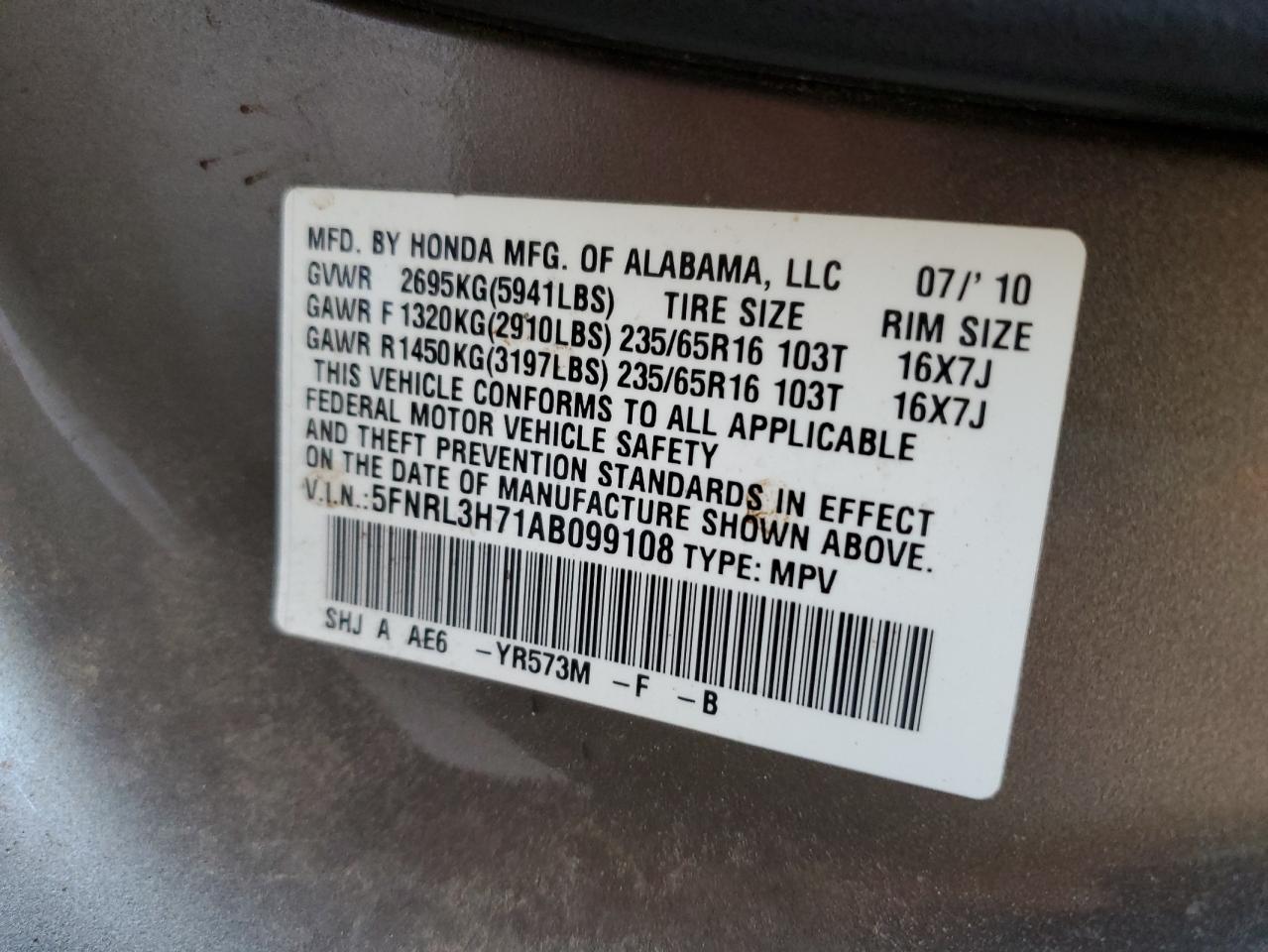 2010 Honda Odyssey Exl VIN: 5FNRL3H71AB099108 Lot: 59231115