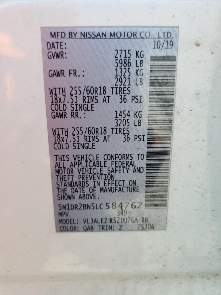 2020 Nissan Pathfinder Sv VIN: 5N1DR2BN5LC584762 Lot: 64514875