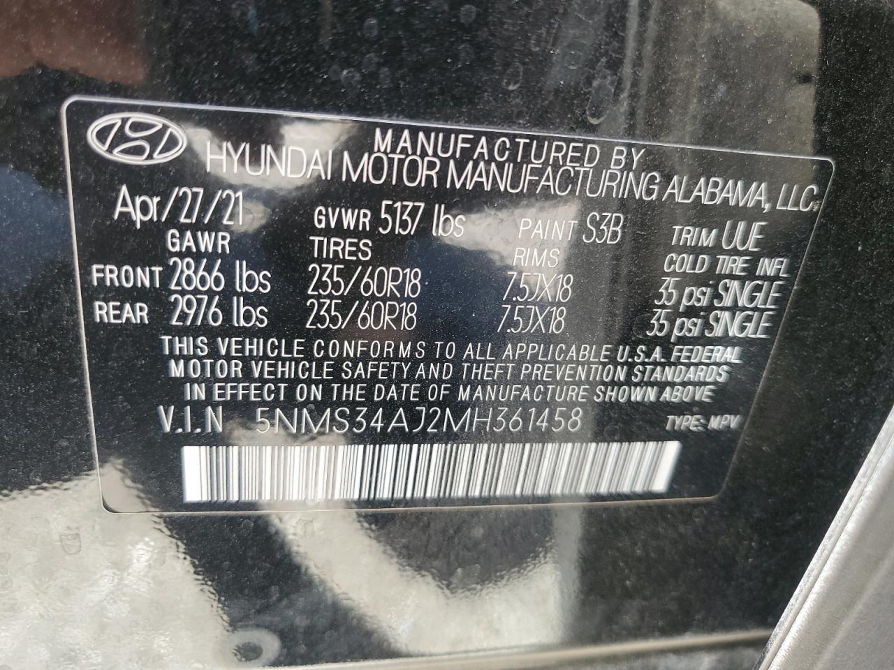 2021 Hyundai Santa Fe Sel VIN: 5NMS34AJ2MH361458 Lot: 66852385