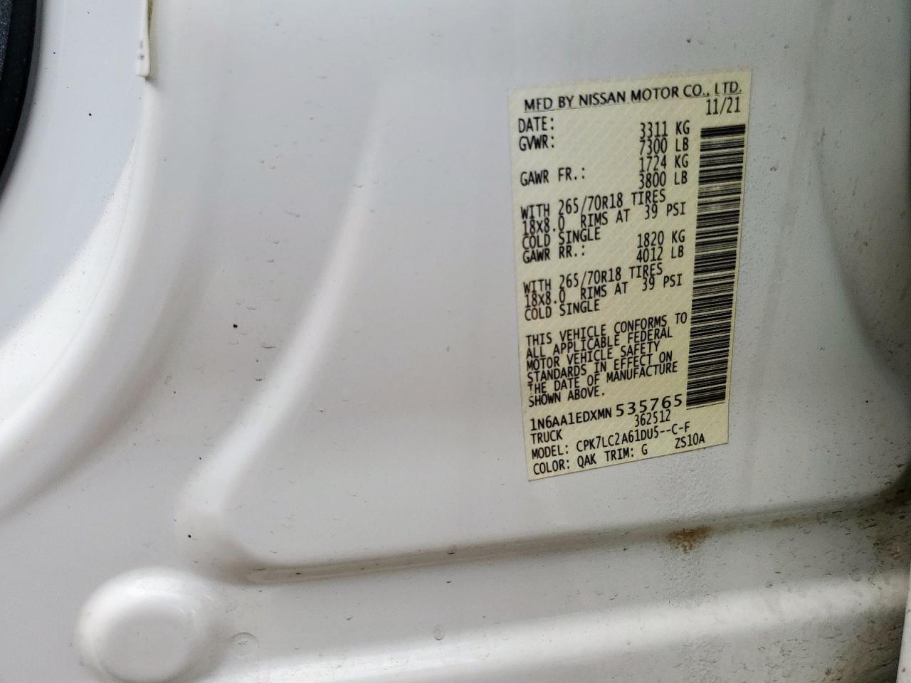 2021 Nissan Titan Sv VIN: 1N6AA1EDXMN535765 Lot: 63125075