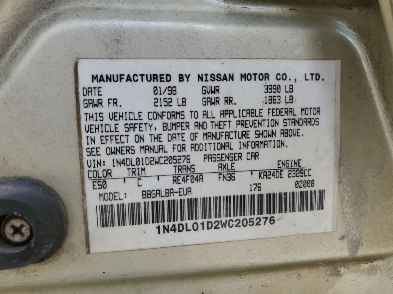 1998 Nissan Altima Xe VIN: 1N4DL01D2WC205276 Lot: 61791705
