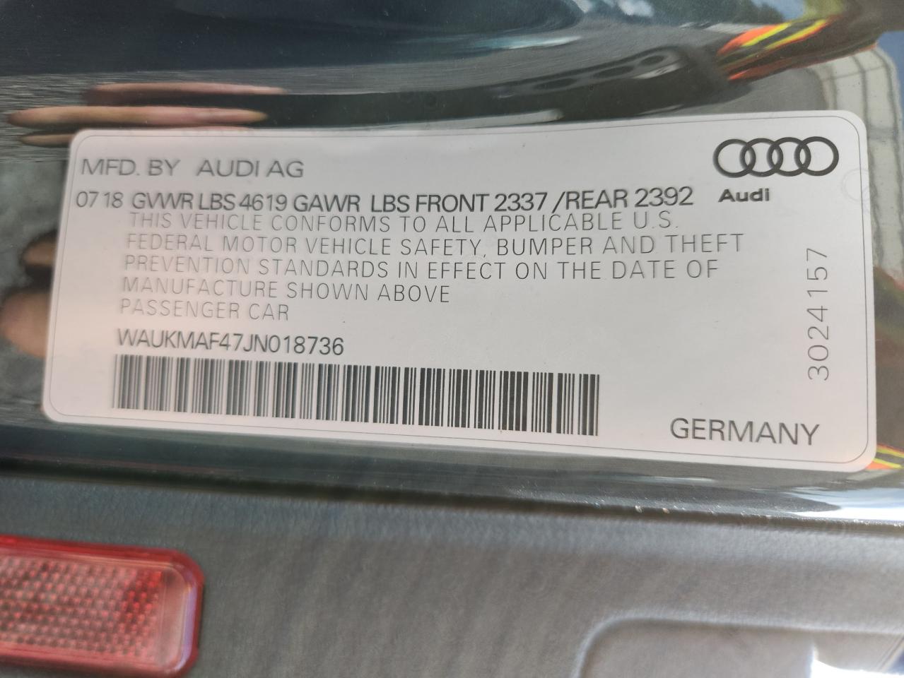 2018 Audi A4 Premium VIN: WAUKMAF47JN018736 Lot: 63618625