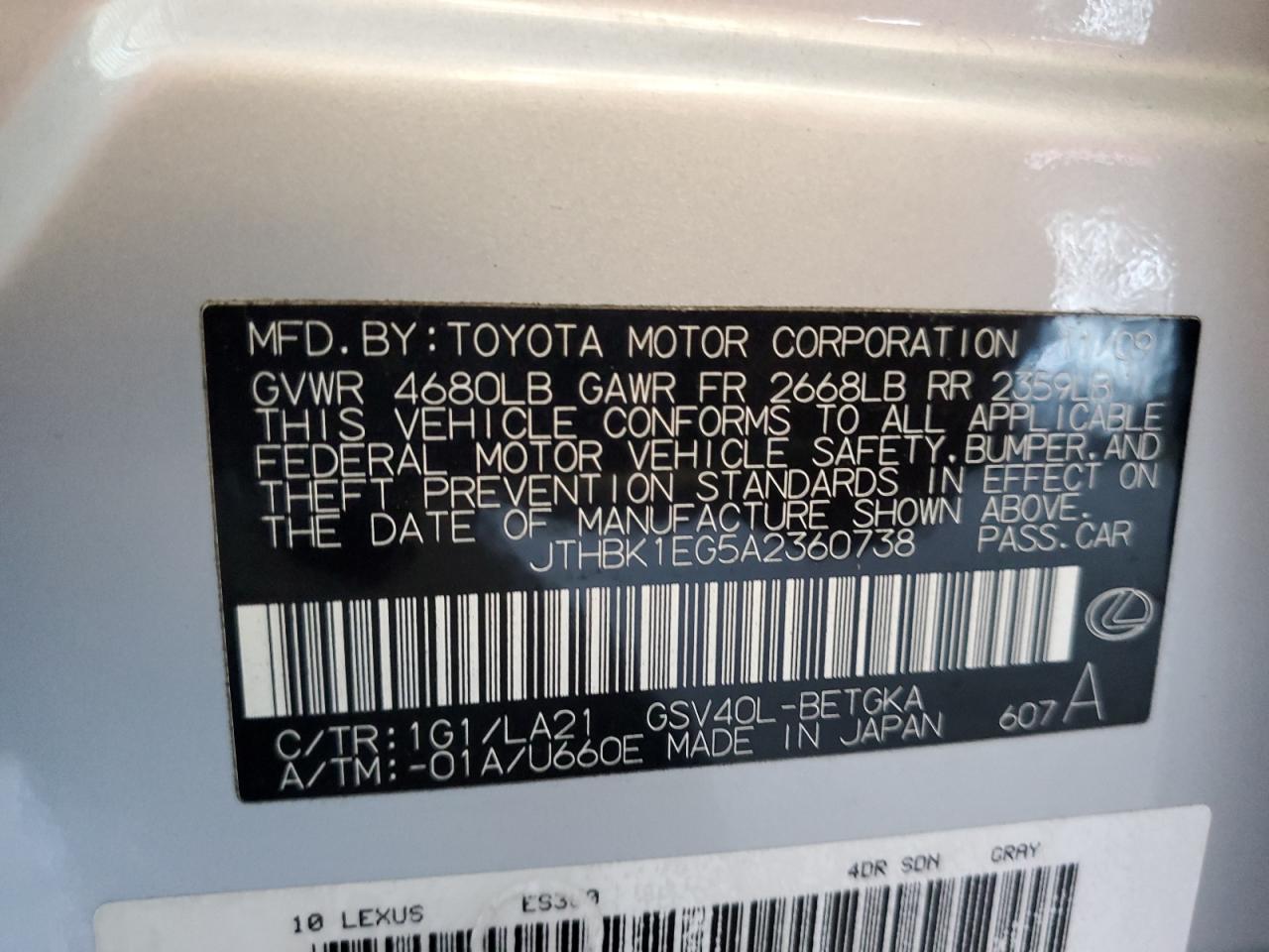 2010 Lexus Es 350 VIN: JTHBK1EG5A2360738 Lot: 64475675