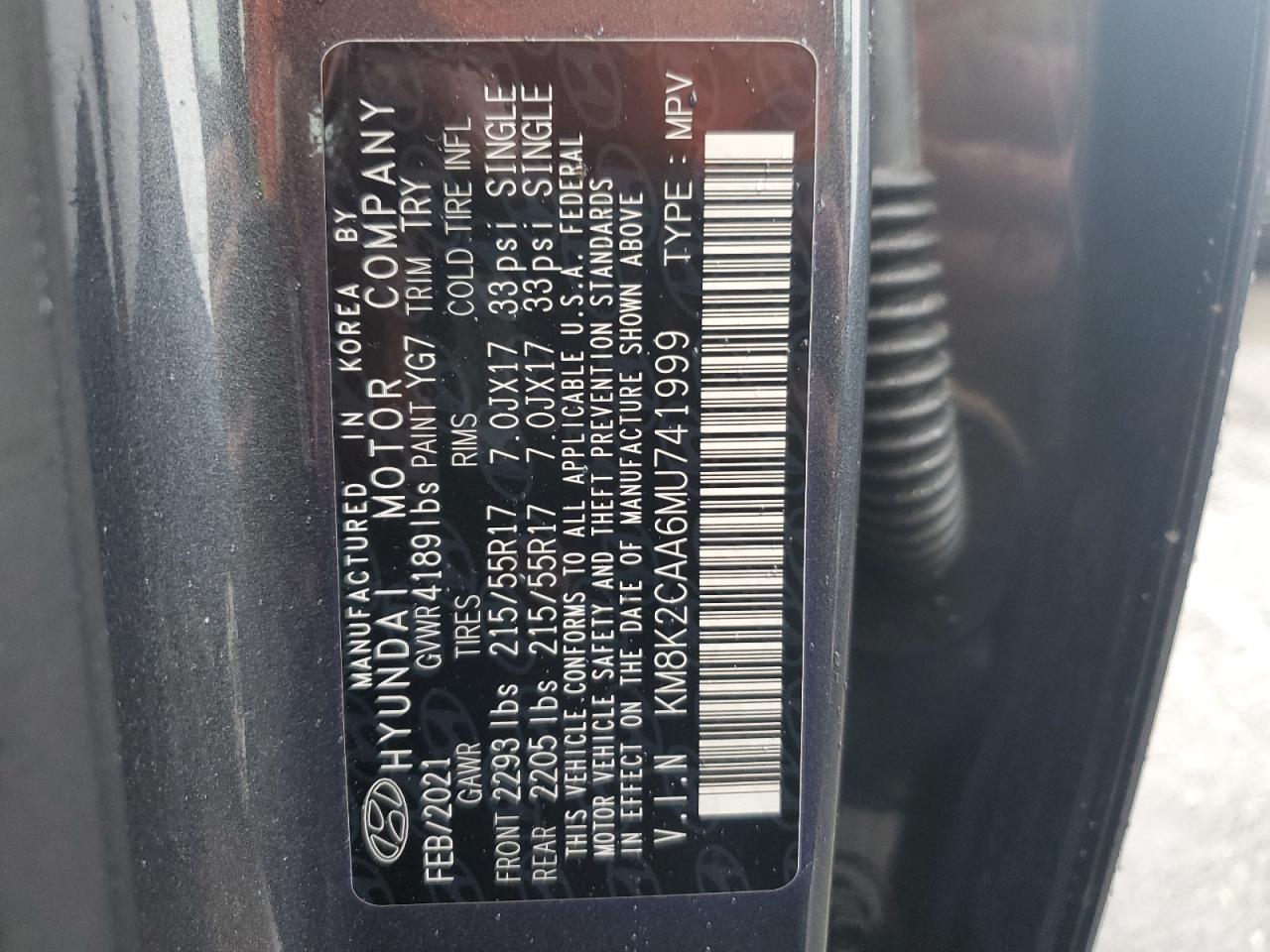 2021 Hyundai Kona Sel VIN: KM8K2CAA6MU741999 Lot: 62688565