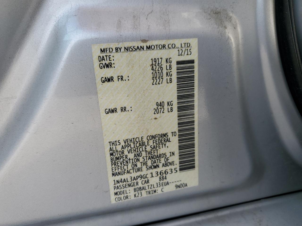 2016 Nissan Altima 2.5 VIN: 1N4AL3AP9GC136635 Lot: 64955085