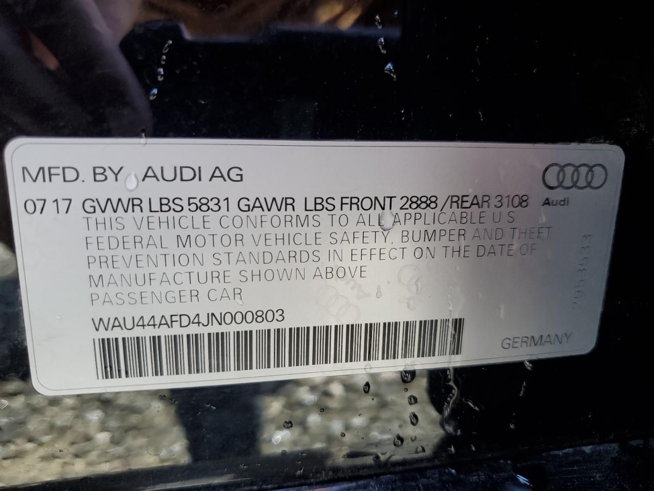 2018 Audi A8 L Quattro VIN: WAU44AFD4JN000803 Lot: 62789975
