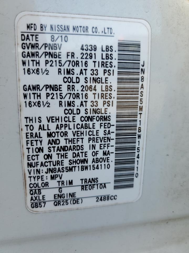 2011 Nissan Rogue S VIN: JN8AS5MT1BW154110 Lot: 66304095