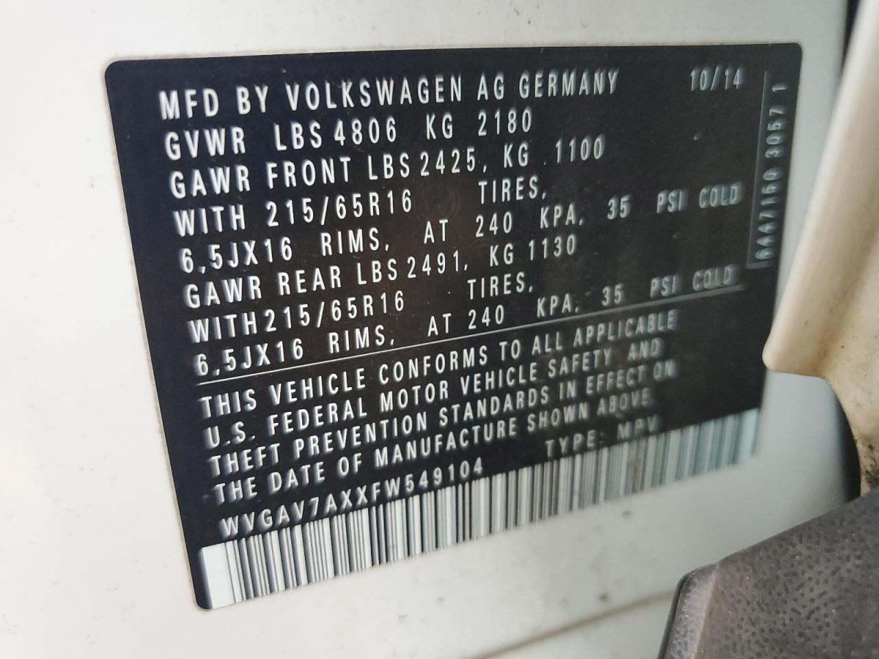 2015 Volkswagen Tiguan S VIN: WVGAV7AXXFW549104 Lot: 65180255