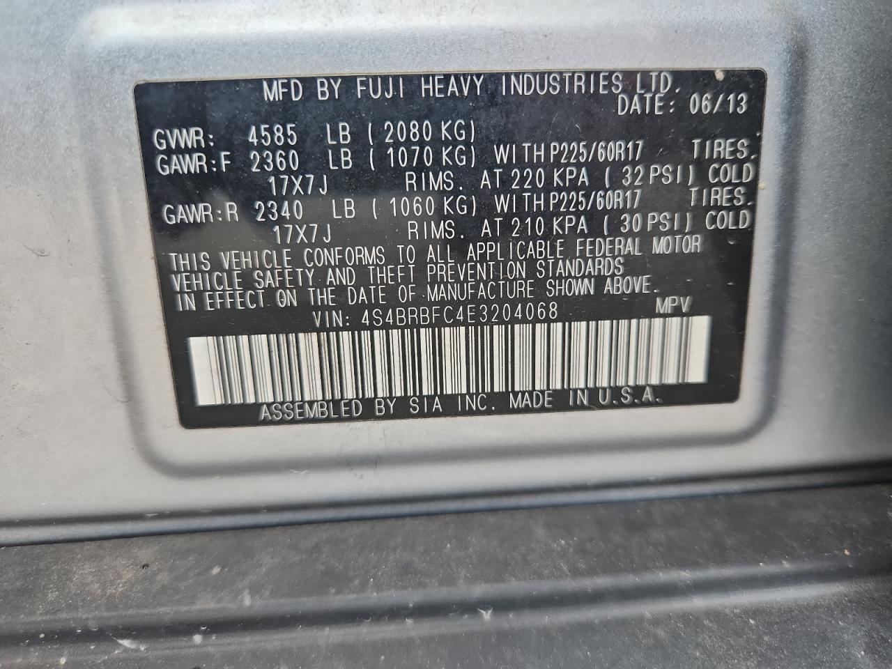 2014 Subaru Outback 2.5I Premium VIN: 4S4BRBFC4E3204068 Lot: 65385465